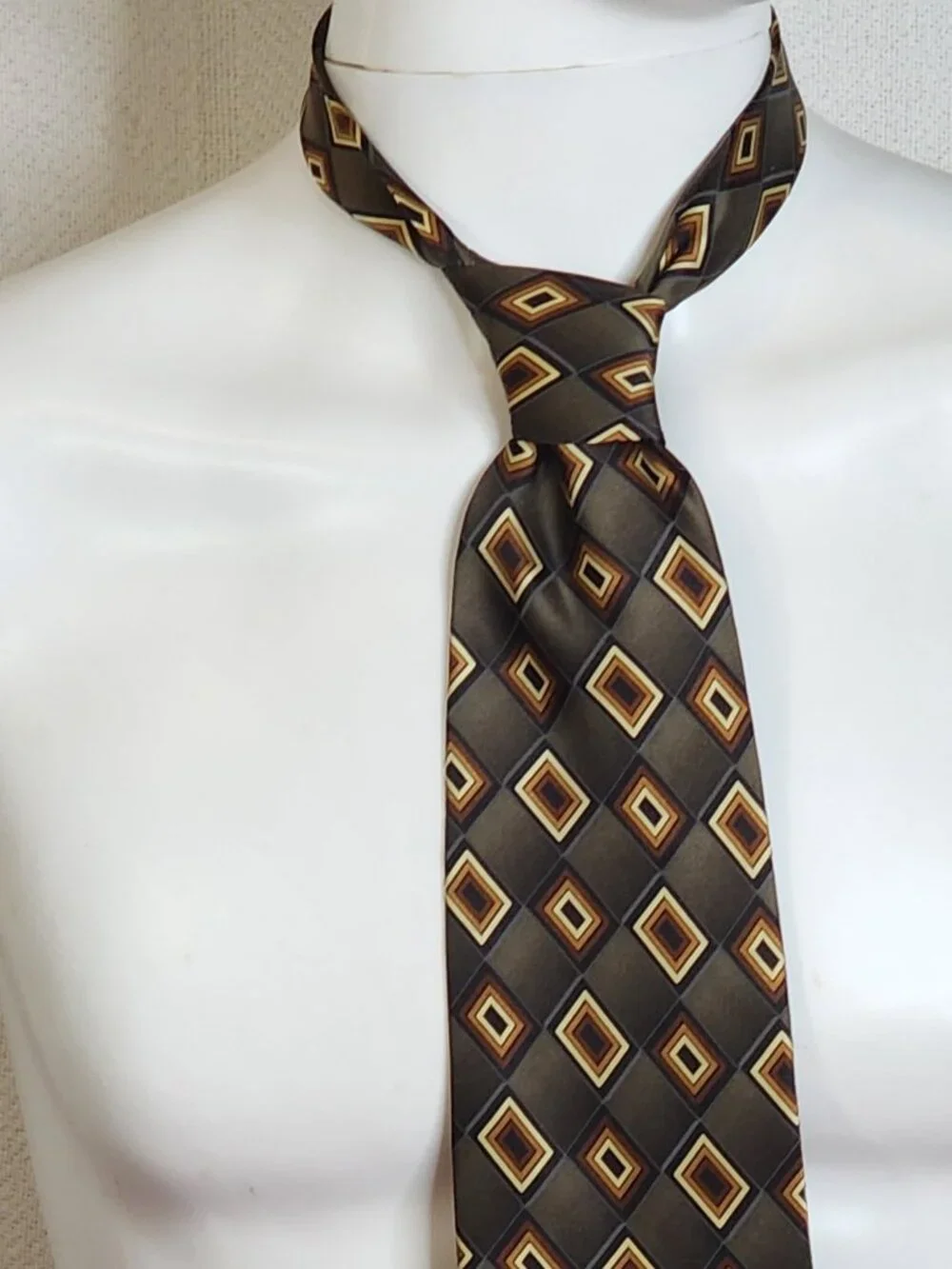 Mosaic Brand Vintage Green Brown Gold Silk Geo Diamond Box Print Hand Made Tie